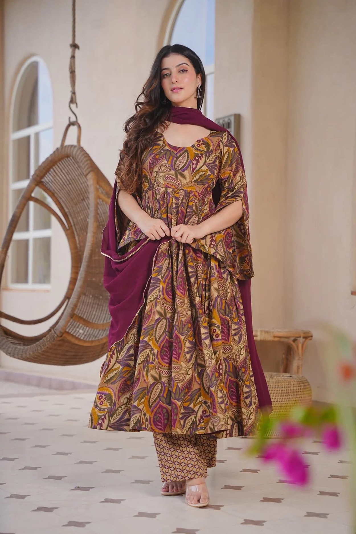 Brown Floral Printed Anarkali Suit
