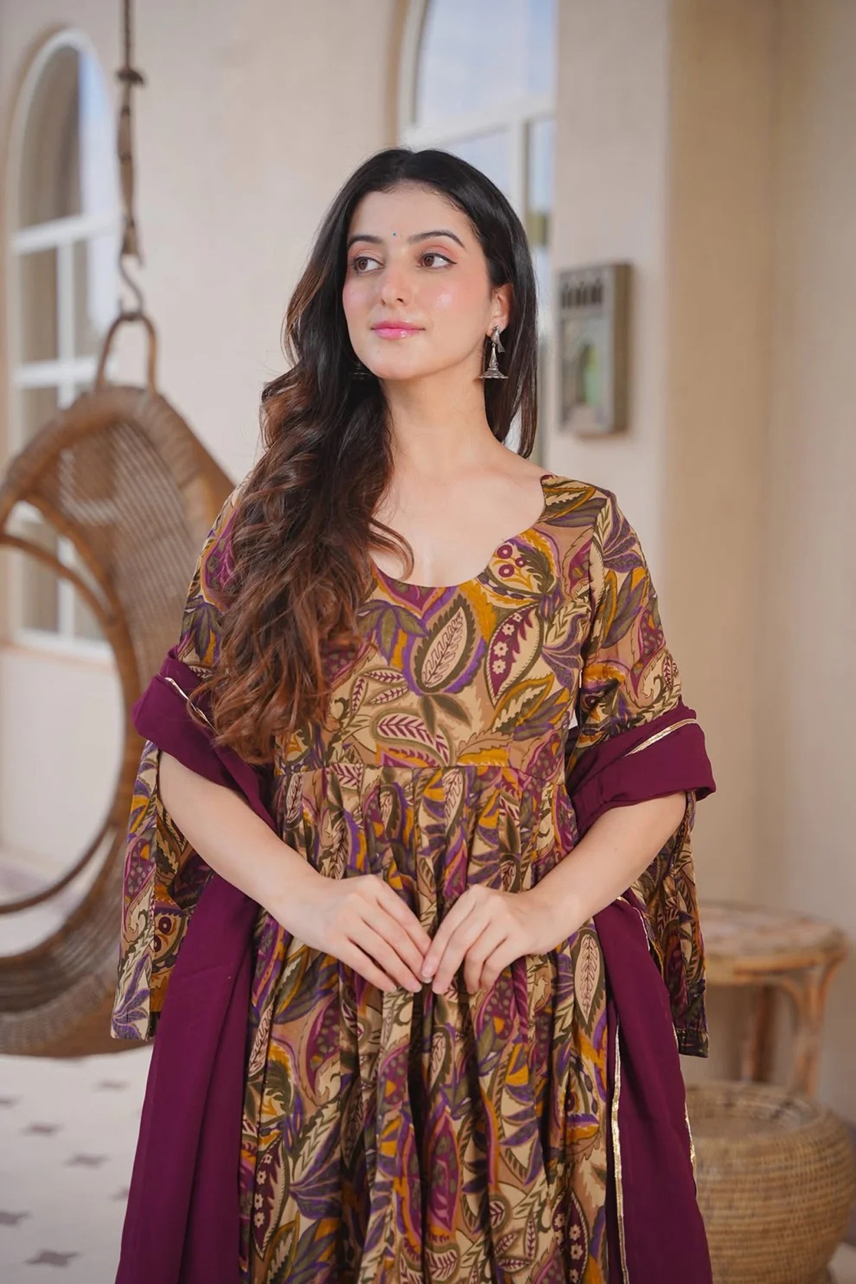 Brown Floral Printed Anarkali Suit