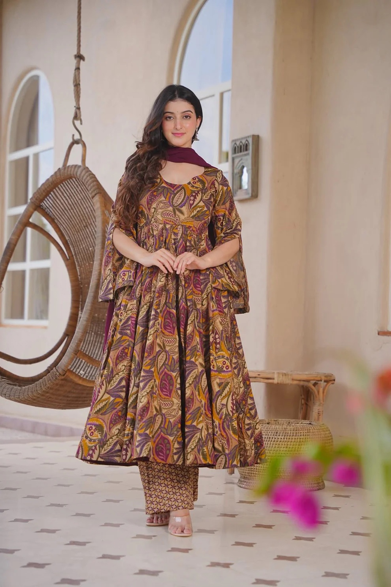 Brown Floral Printed Anarkali Suit