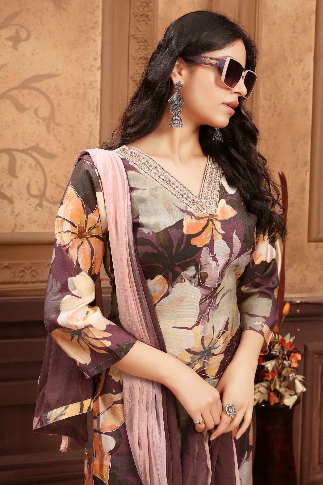Brown Floral Printed Chanderi Straight Suit — alternate view