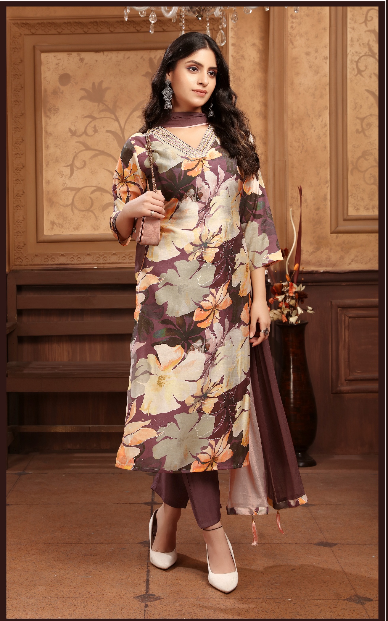 Brown Floral Printed Chanderi Straight Suit