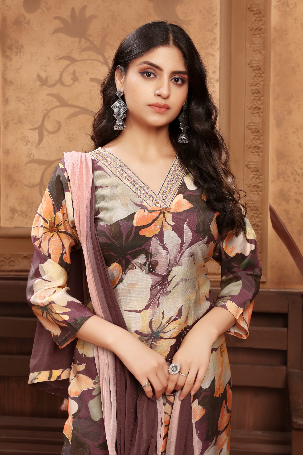 Brown Floral Printed Chanderi Straight Suit