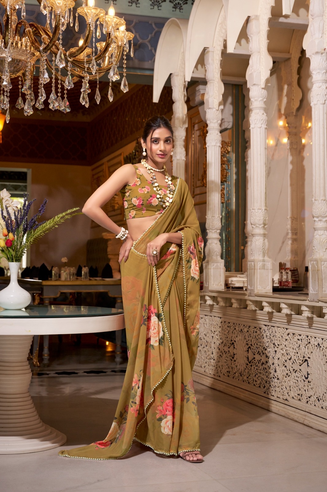 Brown Floral Printed Georgette Saree