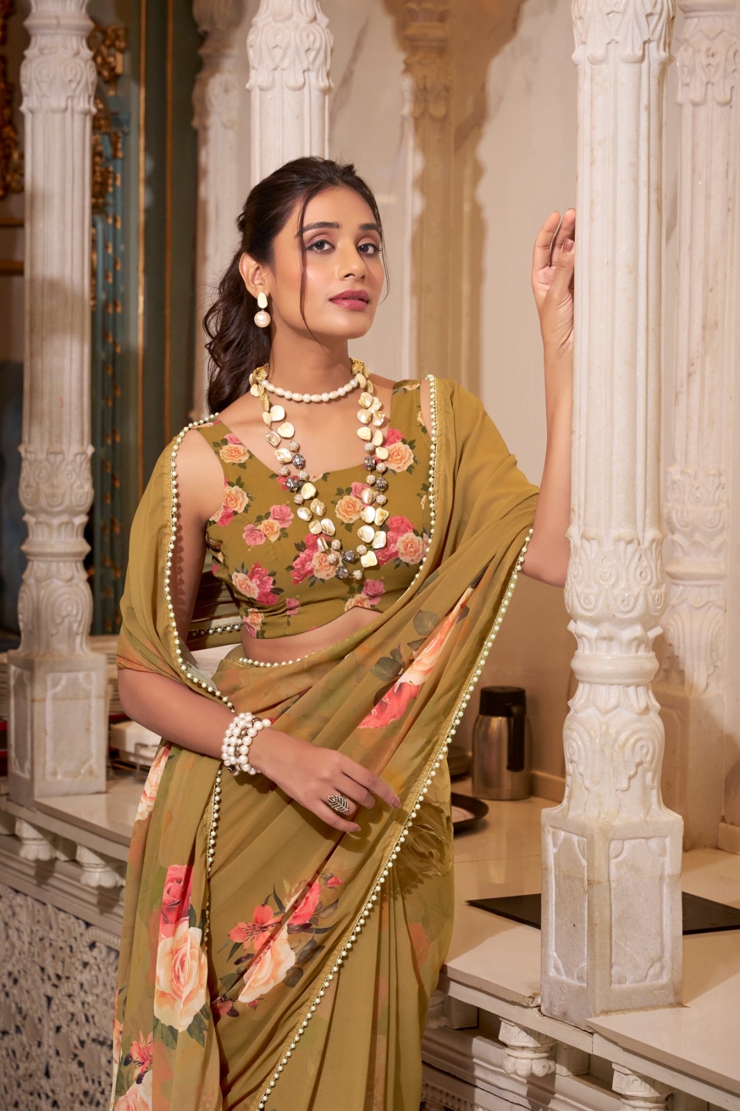 Brown Floral Printed Georgette Saree