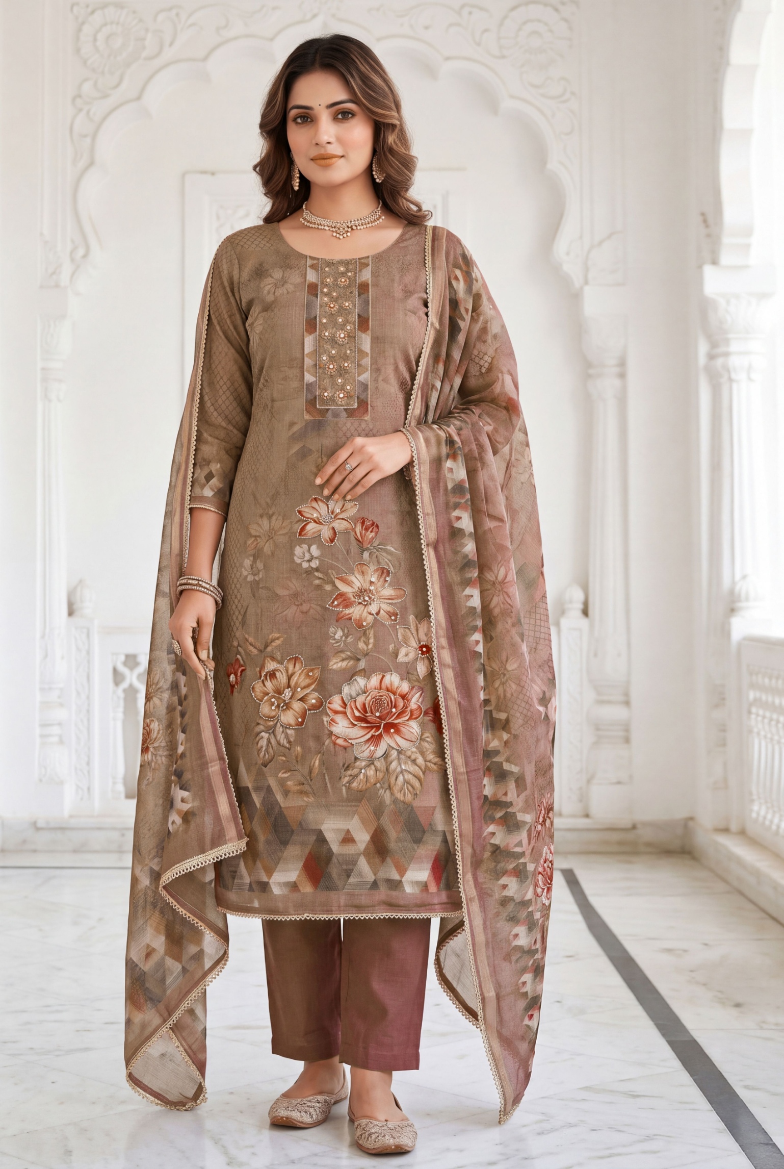 Brown Floral Printed Simmer Linen Cotton Straight Suit