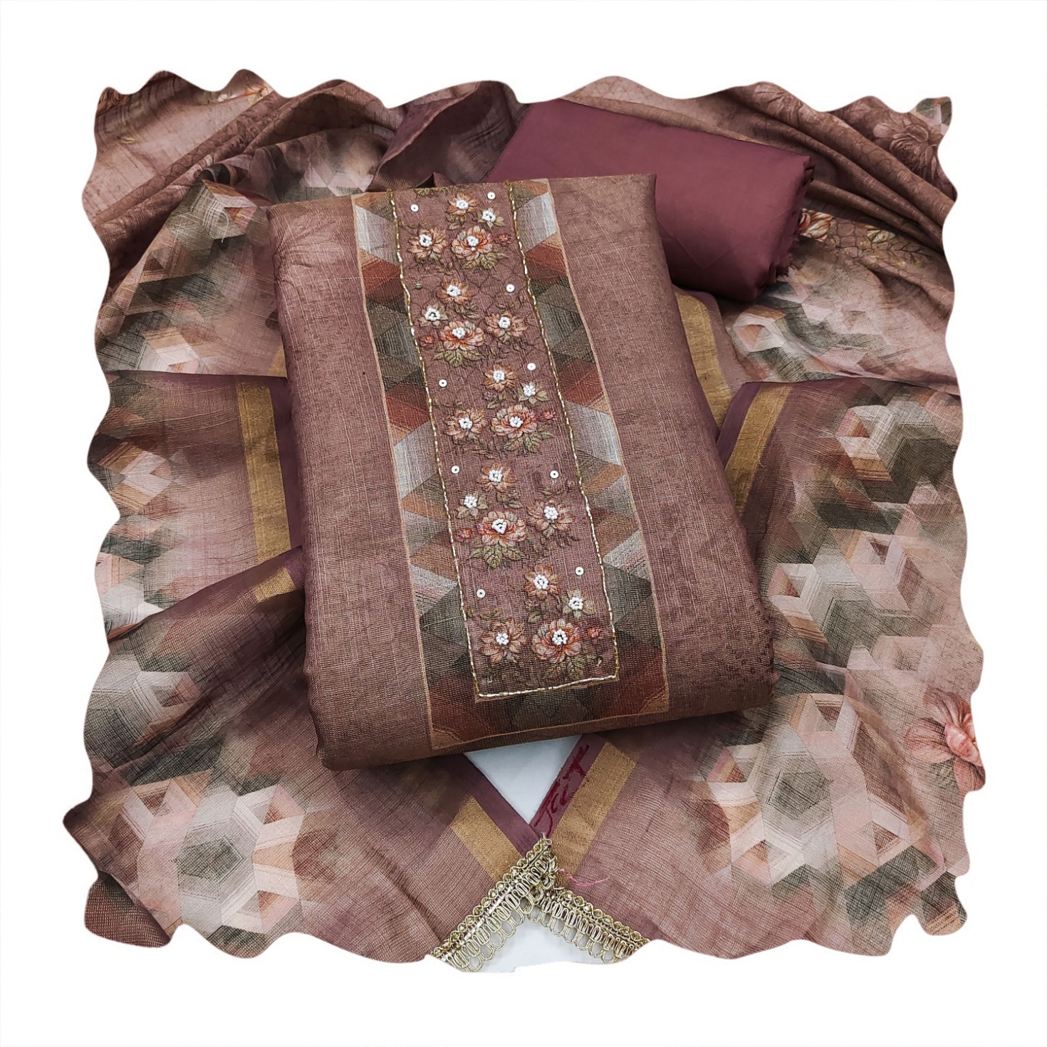 Brown Floral Printed Simmer Linen Cotton Straight Suit — alternate view