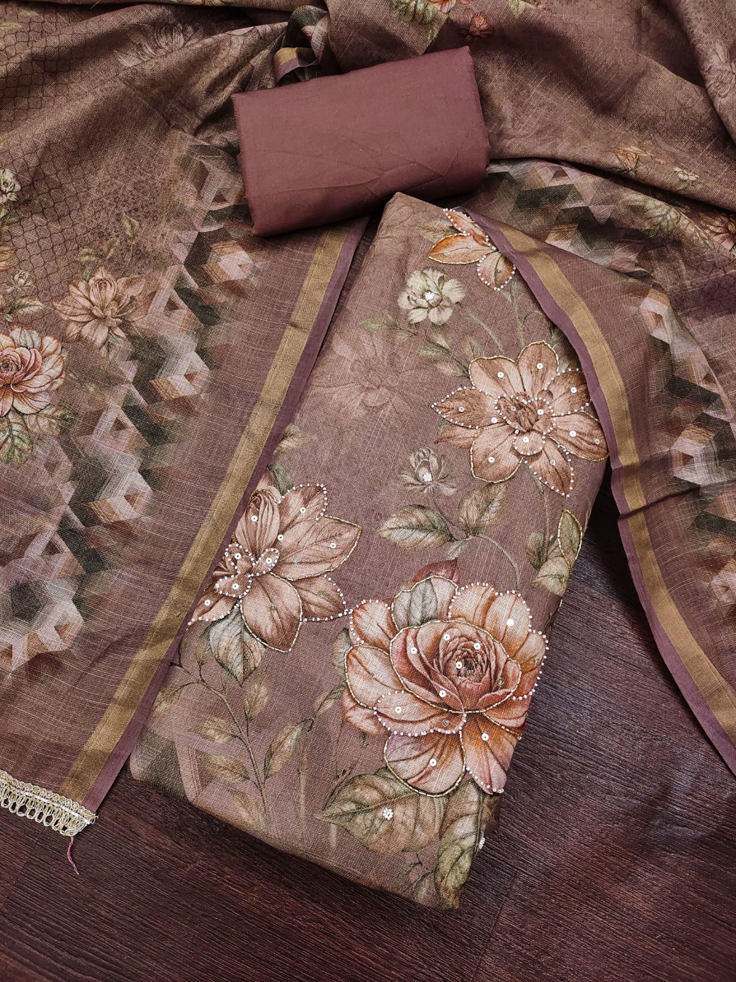 Brown Floral Printed Simmer Linen Cotton Straight Suit