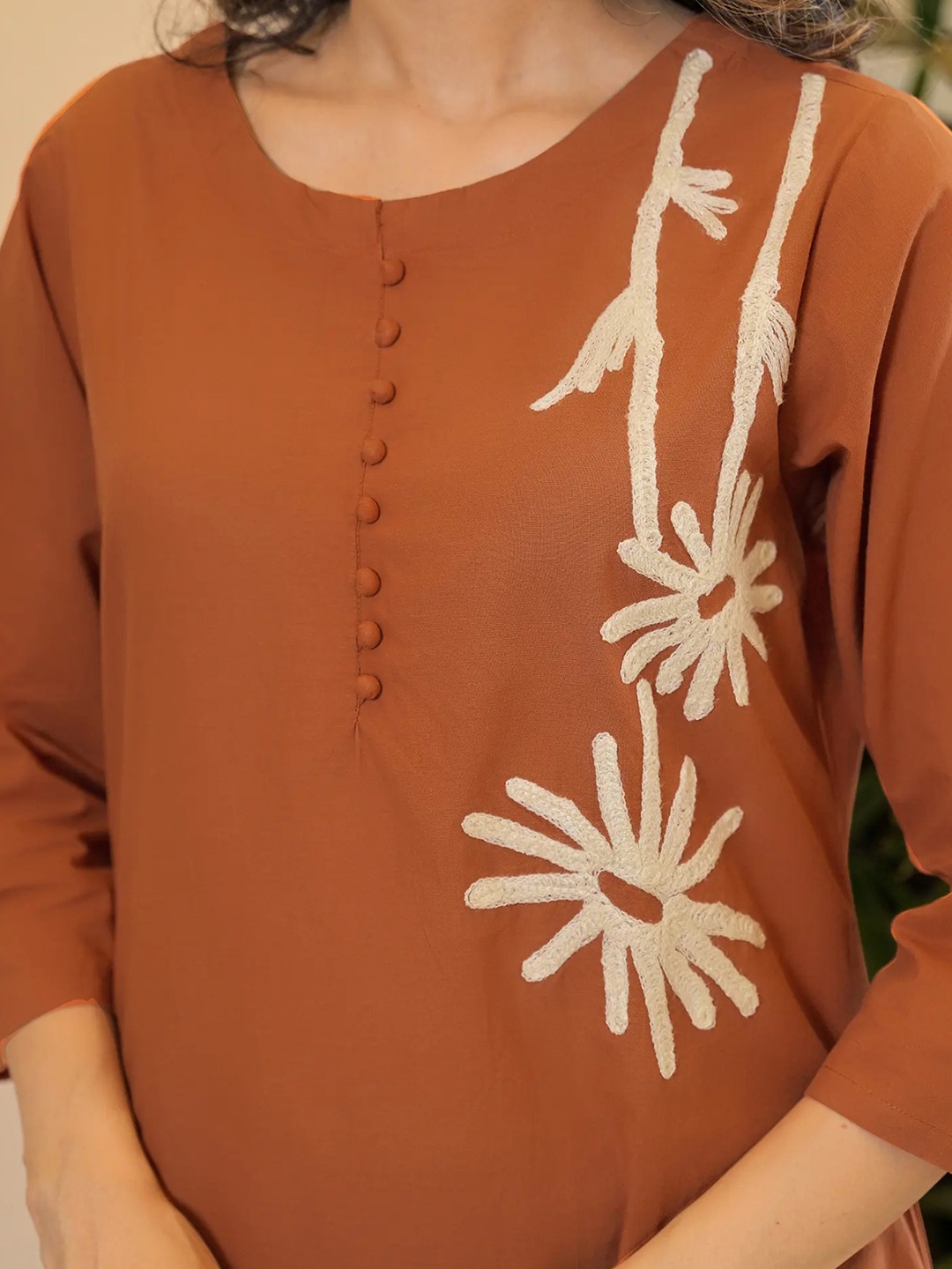 Brown Floral Printed Slub Kurta Set