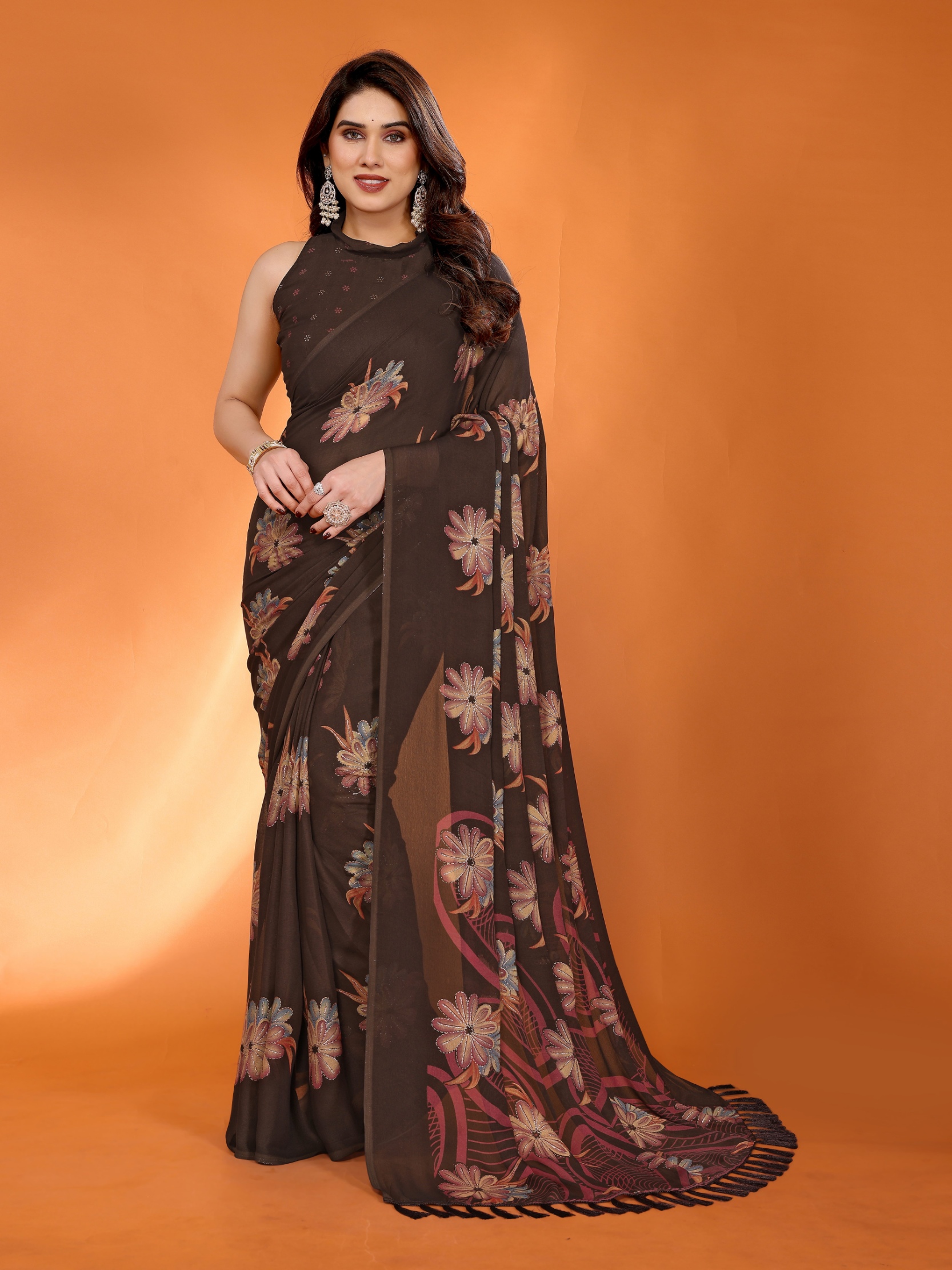 Brown Floral Printed Work Bright Moss Satin Saree