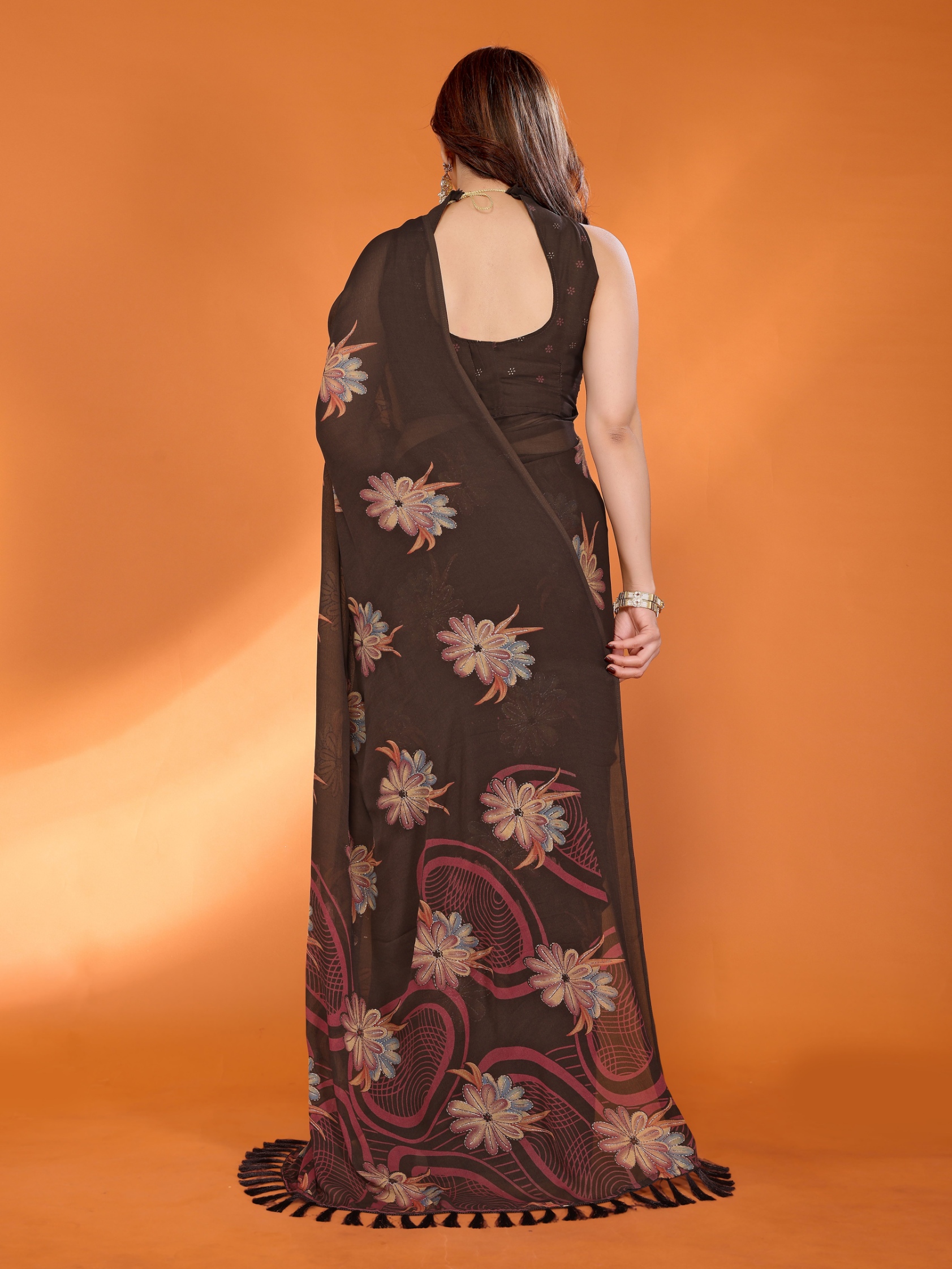 Brown Floral Printed Work Bright Moss Satin Saree