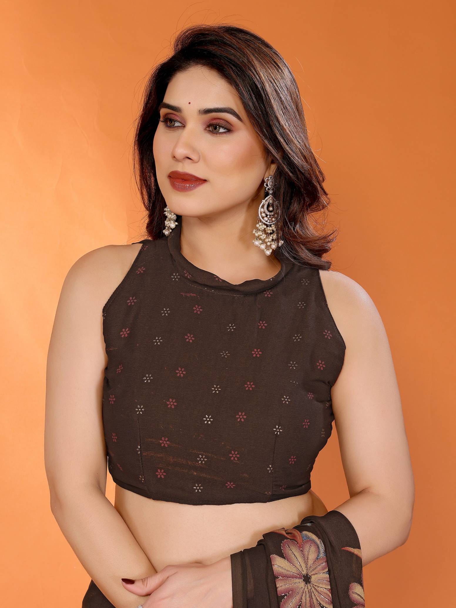 Brown Floral Printed Work Bright Moss Satin Saree