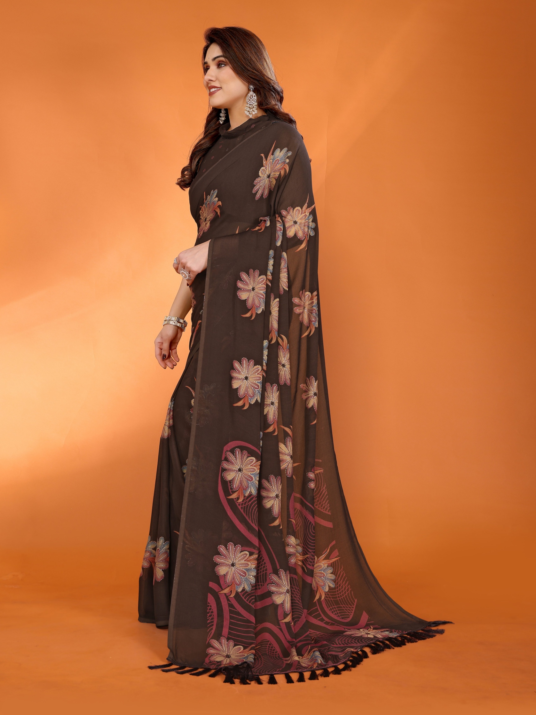 Brown Floral Printed Work Bright Moss Satin Saree