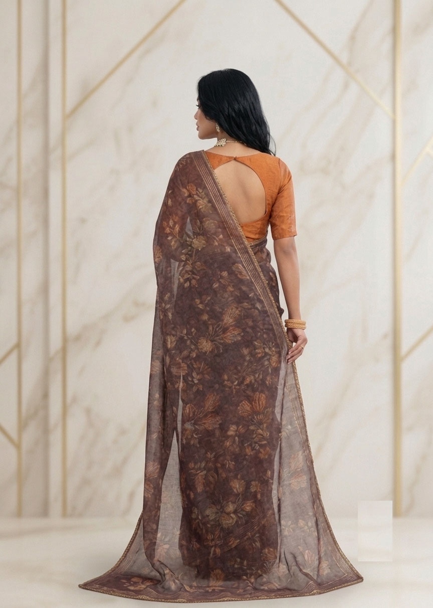 Brown Floral Printed Work Georgette Saree — alternate view