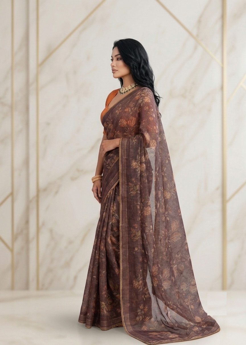 Brown Floral Printed Work Georgette Saree