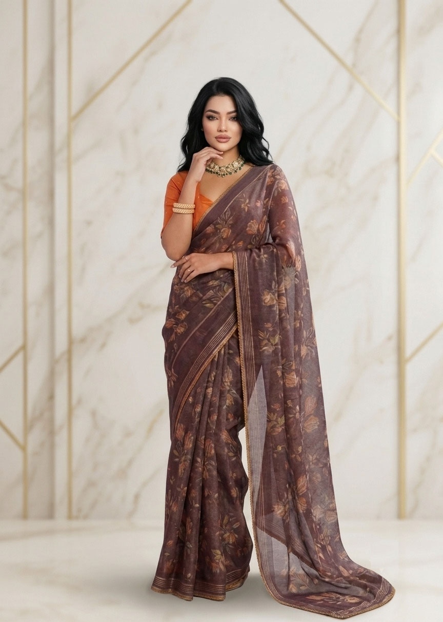 Brown Floral Printed Work Georgette Saree