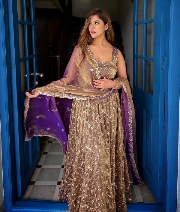 Brown Floral Sequins Fendy Silk Anarkali Suit