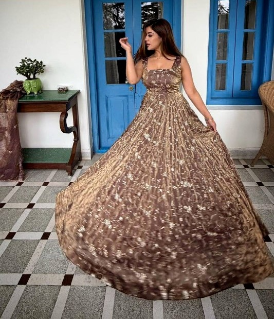 Brown Floral Sequins Fendy Silk Anarkali Suit — alternate view