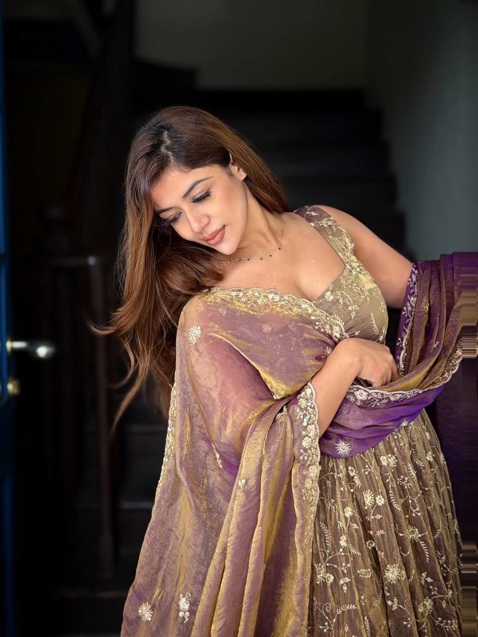 Brown Floral Sequins Fendy Silk Anarkali Suit