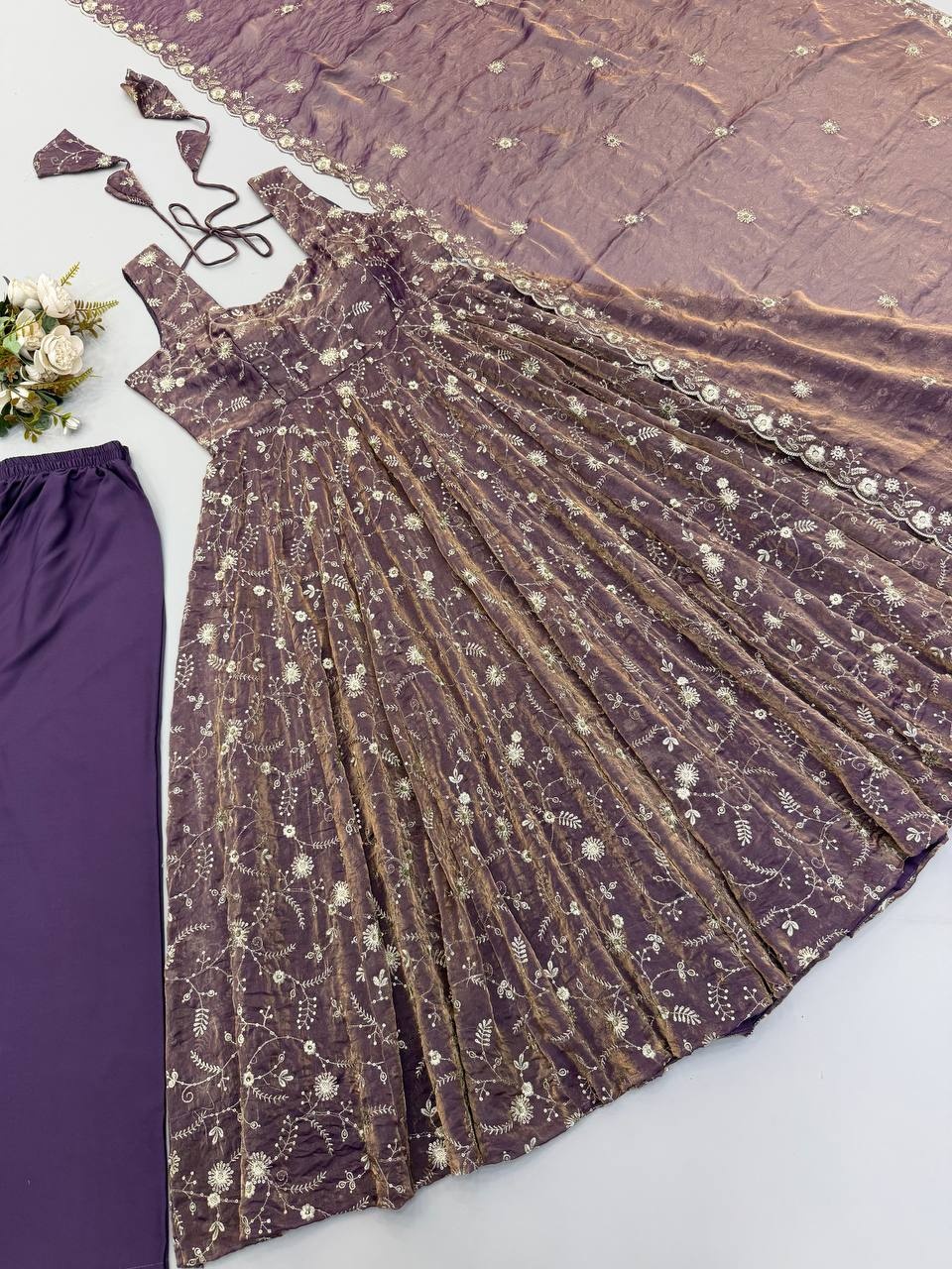 Brown Floral Sequins Fendy Silk Anarkali Suit