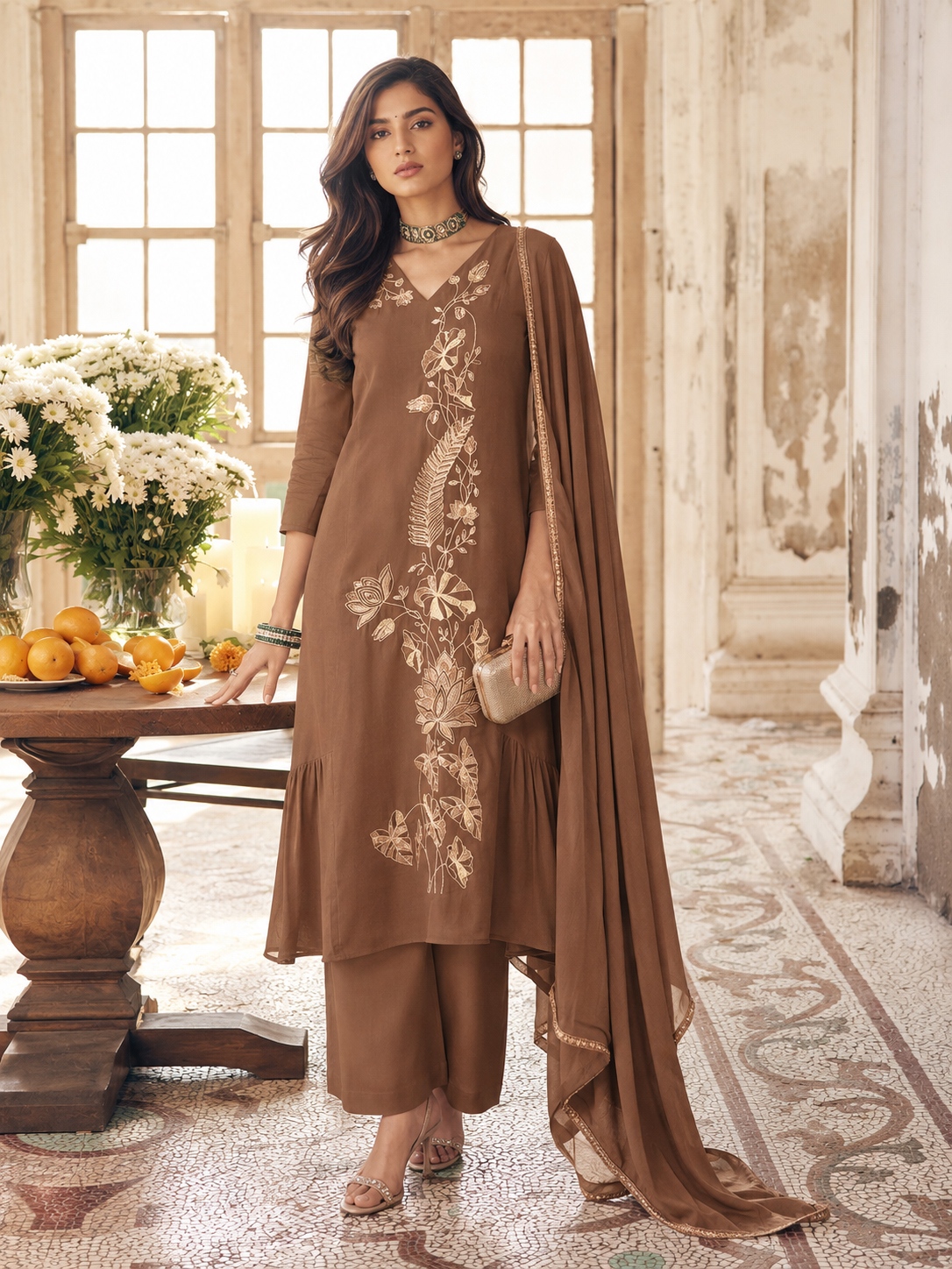 Brown Floral Sequins Mal Chanderi Salwar Suit