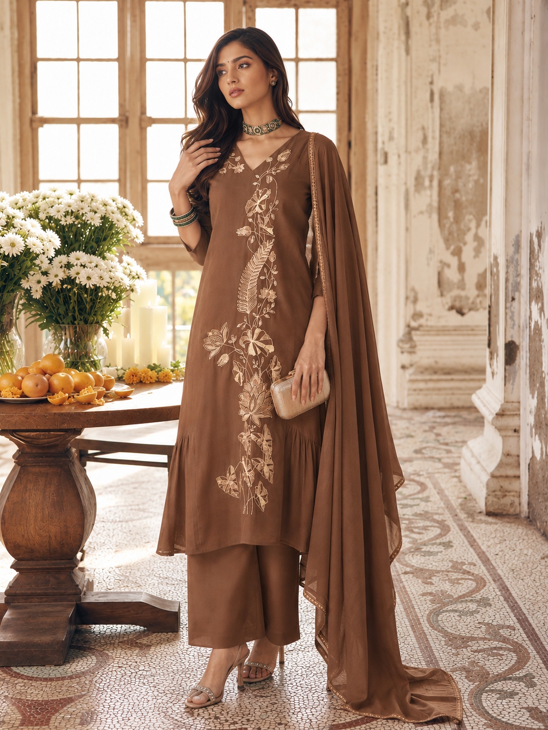 Brown Floral Sequins Mal Chanderi Salwar Suit