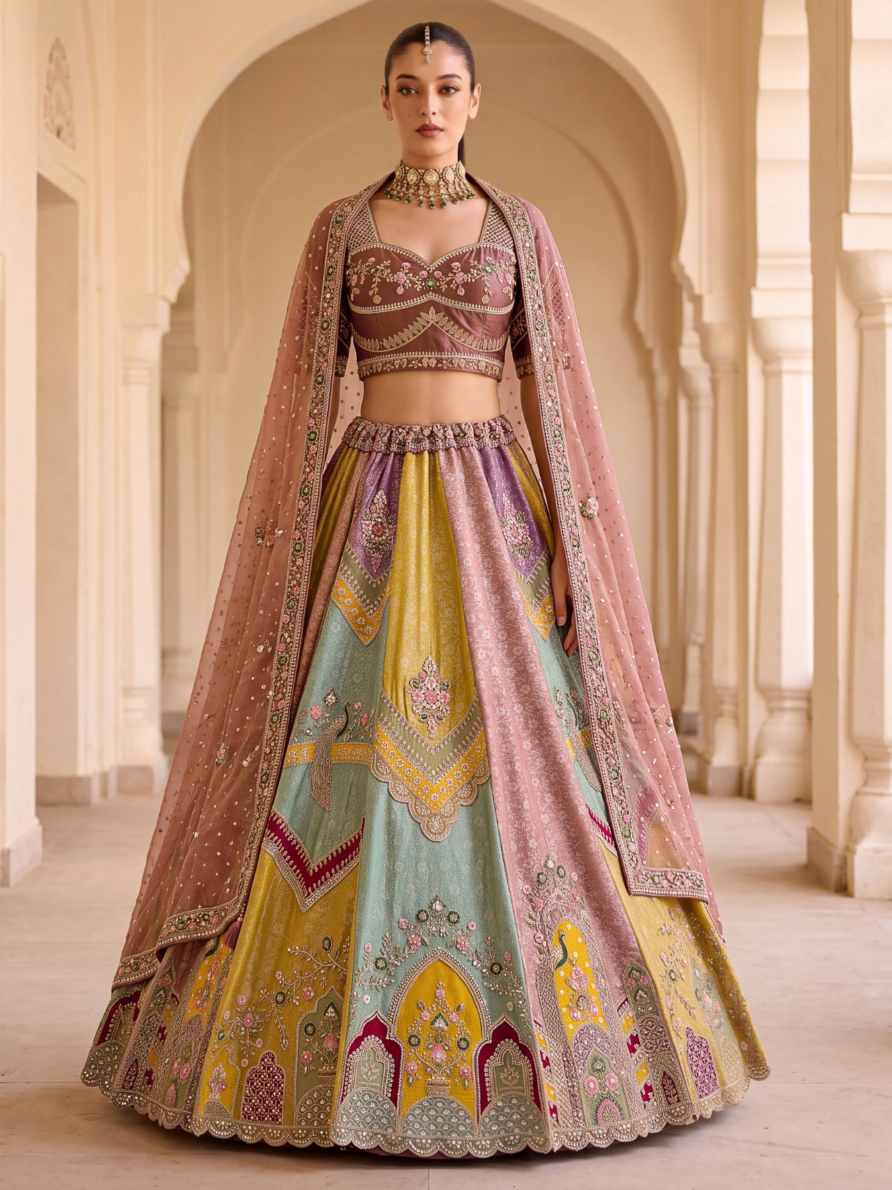 Brown Floral Sequins Silk Bridal Lehenga Choli