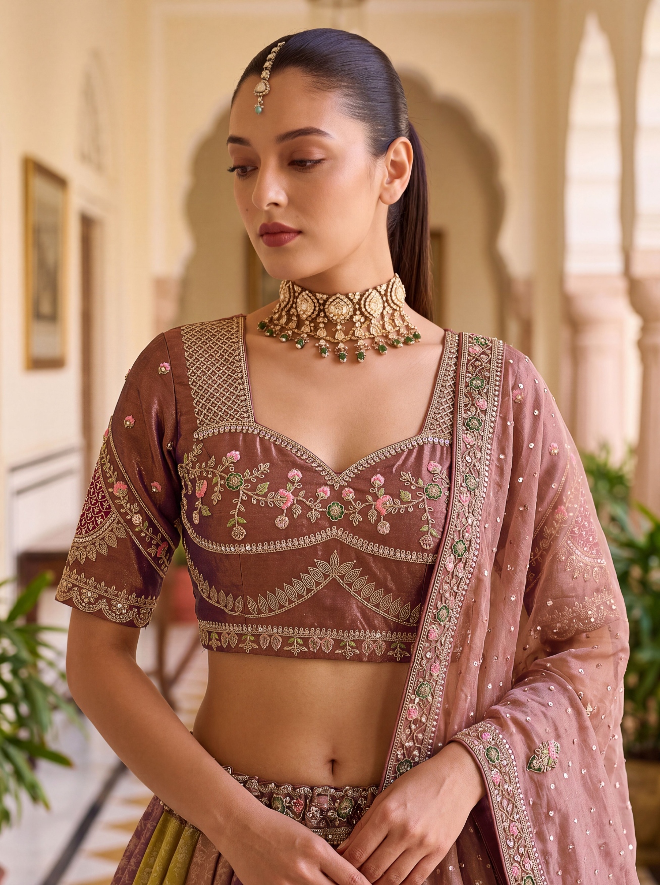 Brown Floral Sequins Silk Bridal Lehenga Choli