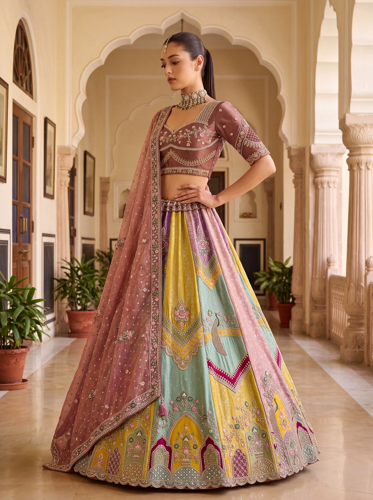 Brown Floral Sequins Silk Bridal Lehenga Choli
