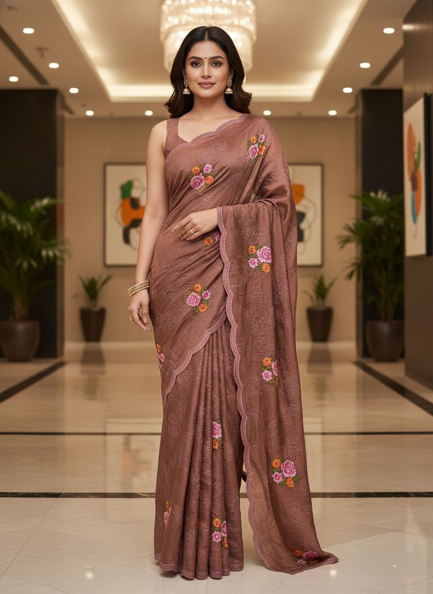 Brown Floral Sequins Work Manipuri Silk Saree