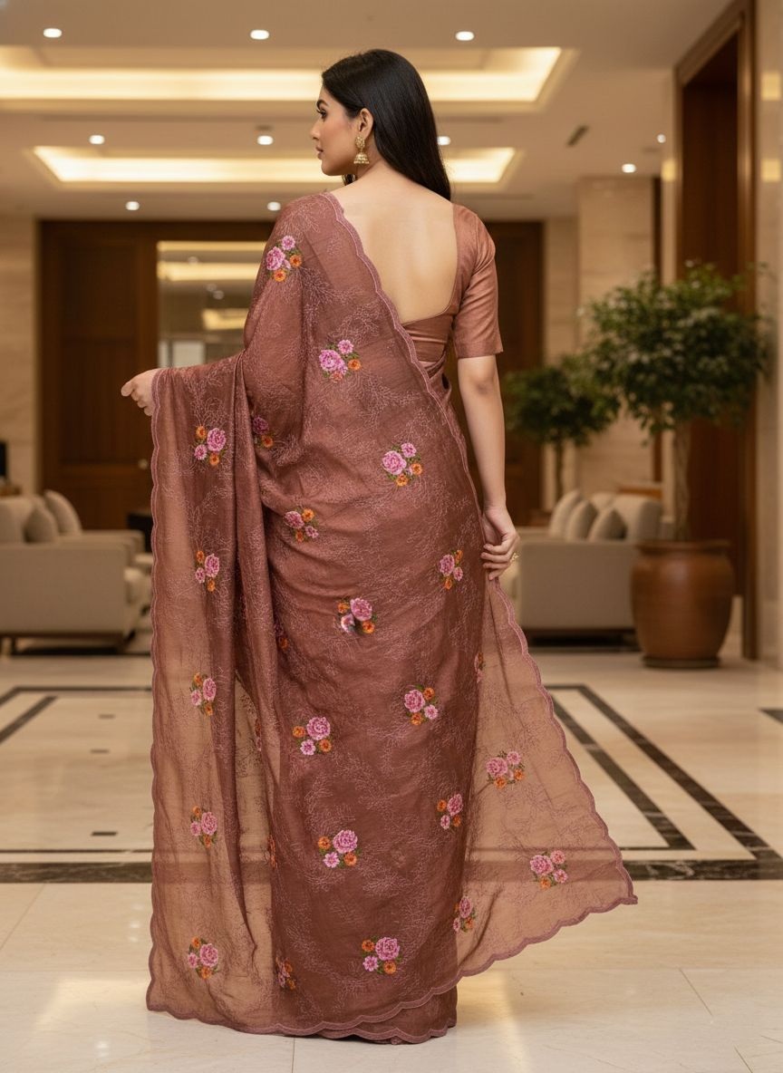 Brown Floral Sequins Work Manipuri Silk Saree — alternate view