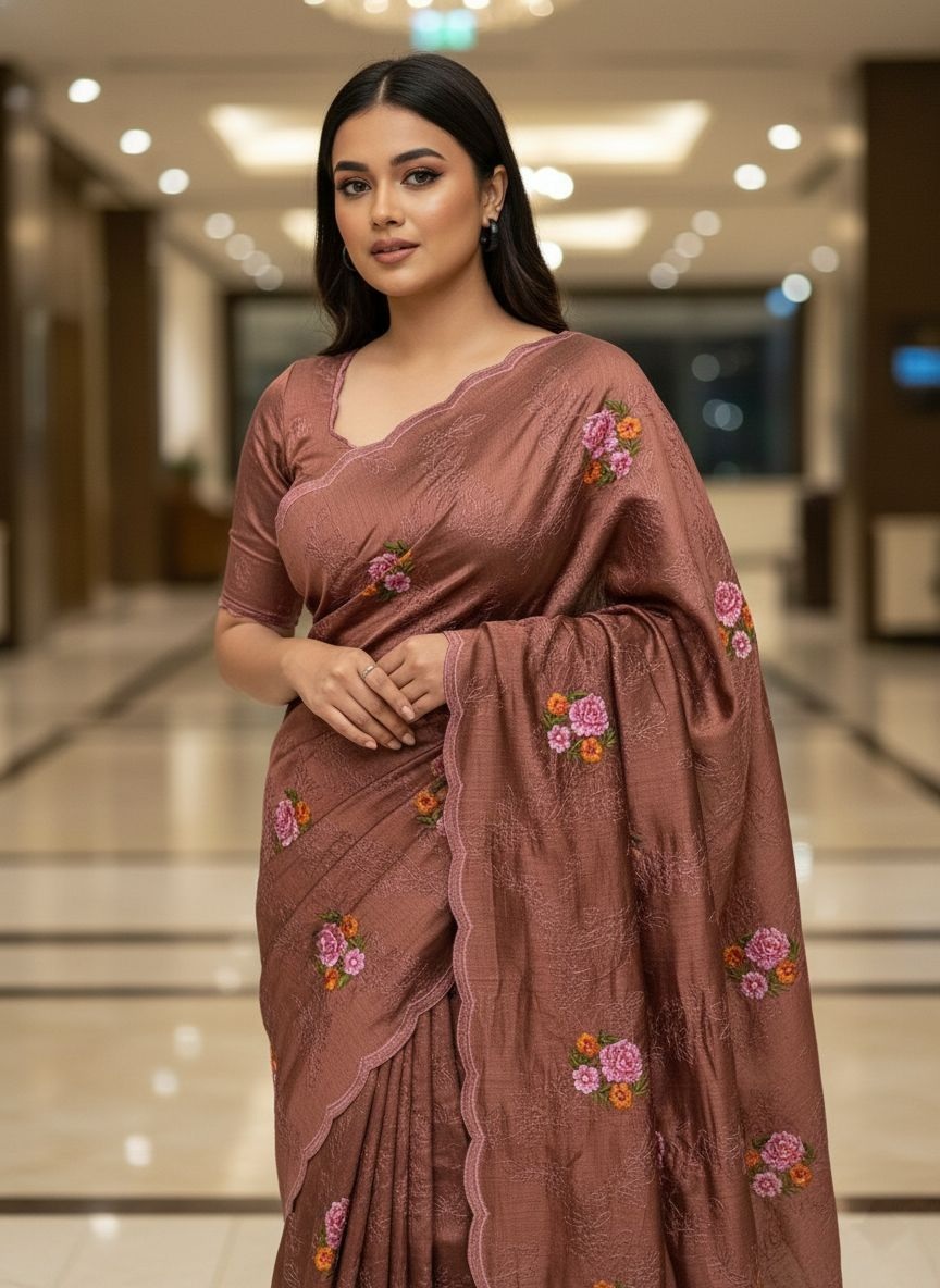 Brown Floral Sequins Work Manipuri Silk Saree