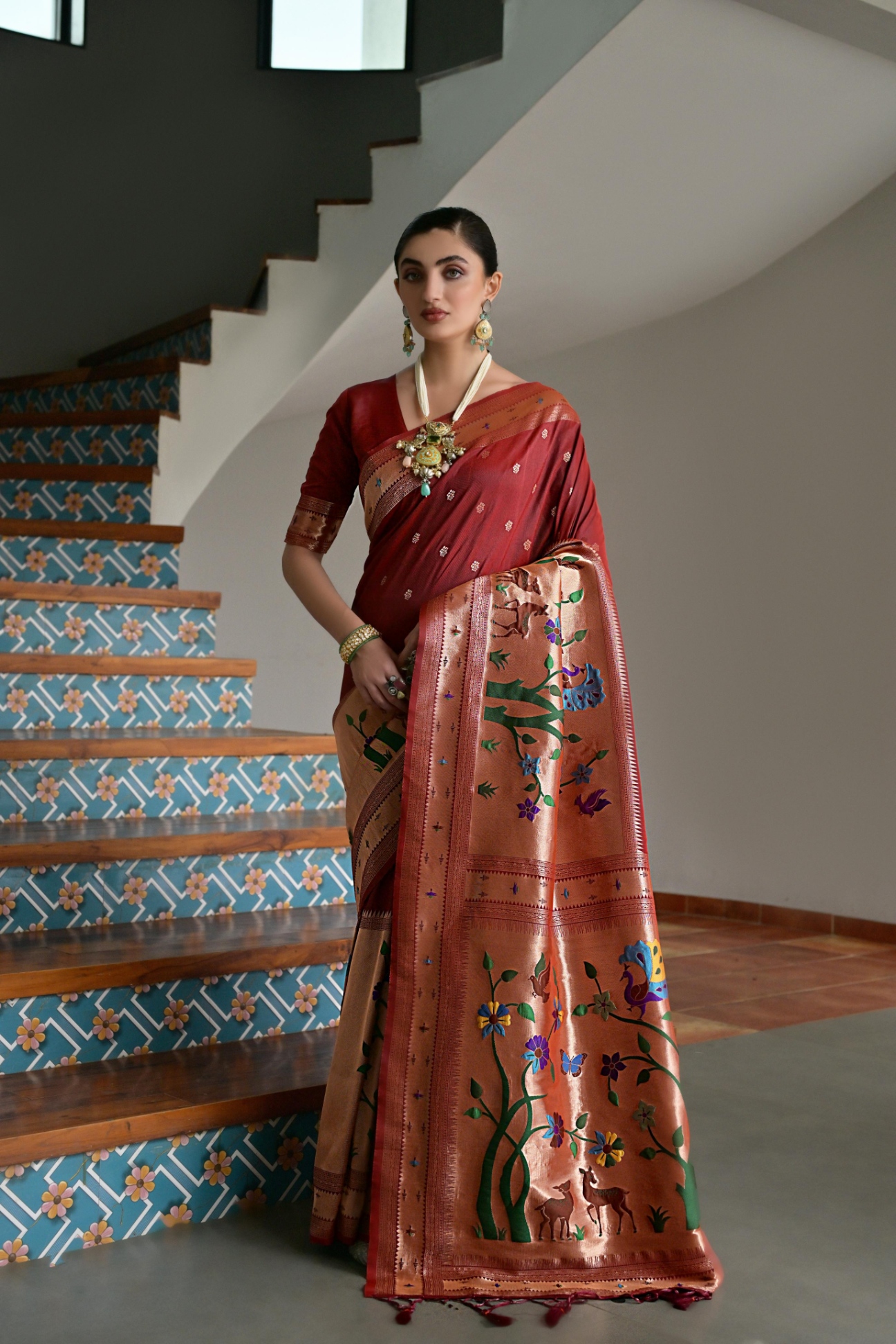 Brown Floral Woven Banarasi Silk Saree
