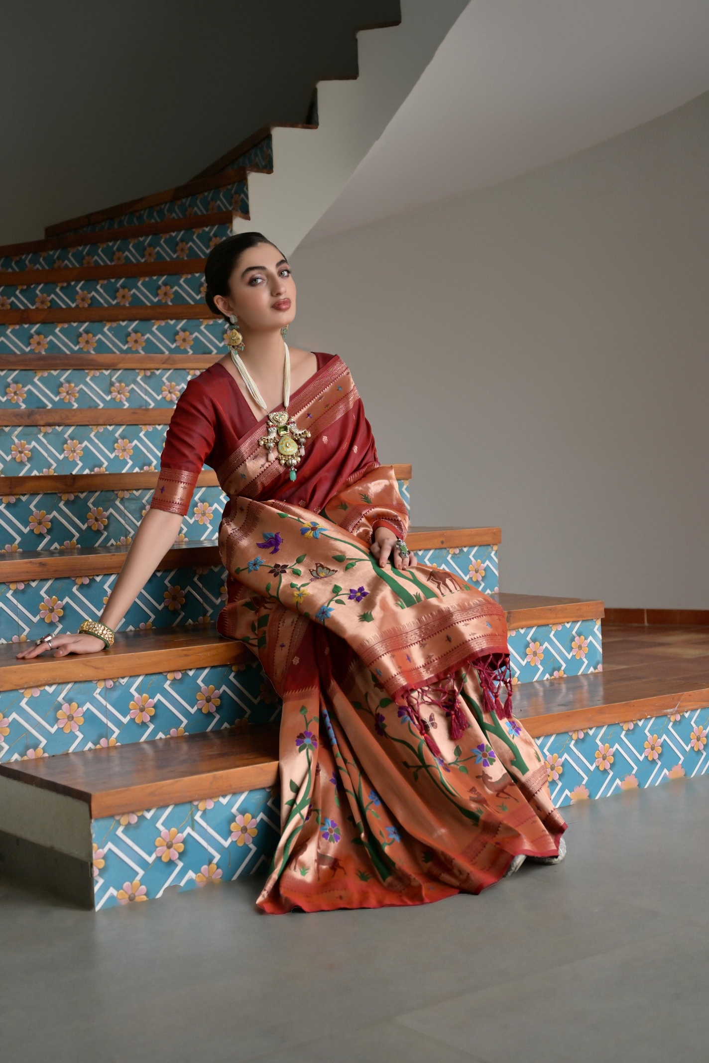 Brown Floral Woven Banarasi Silk Saree
