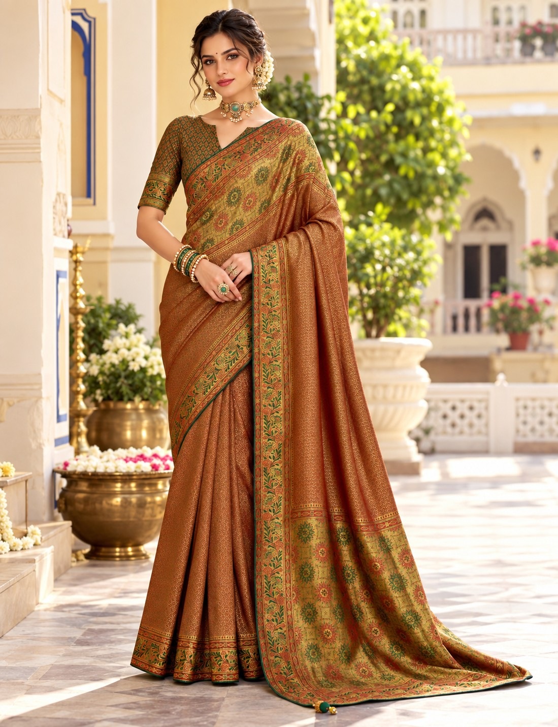 Brown Floral Woven Work Satin Tissue Saree