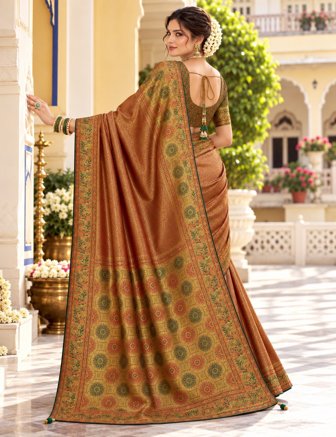 Brown Floral Woven Work Satin Tissue Saree — alternate view