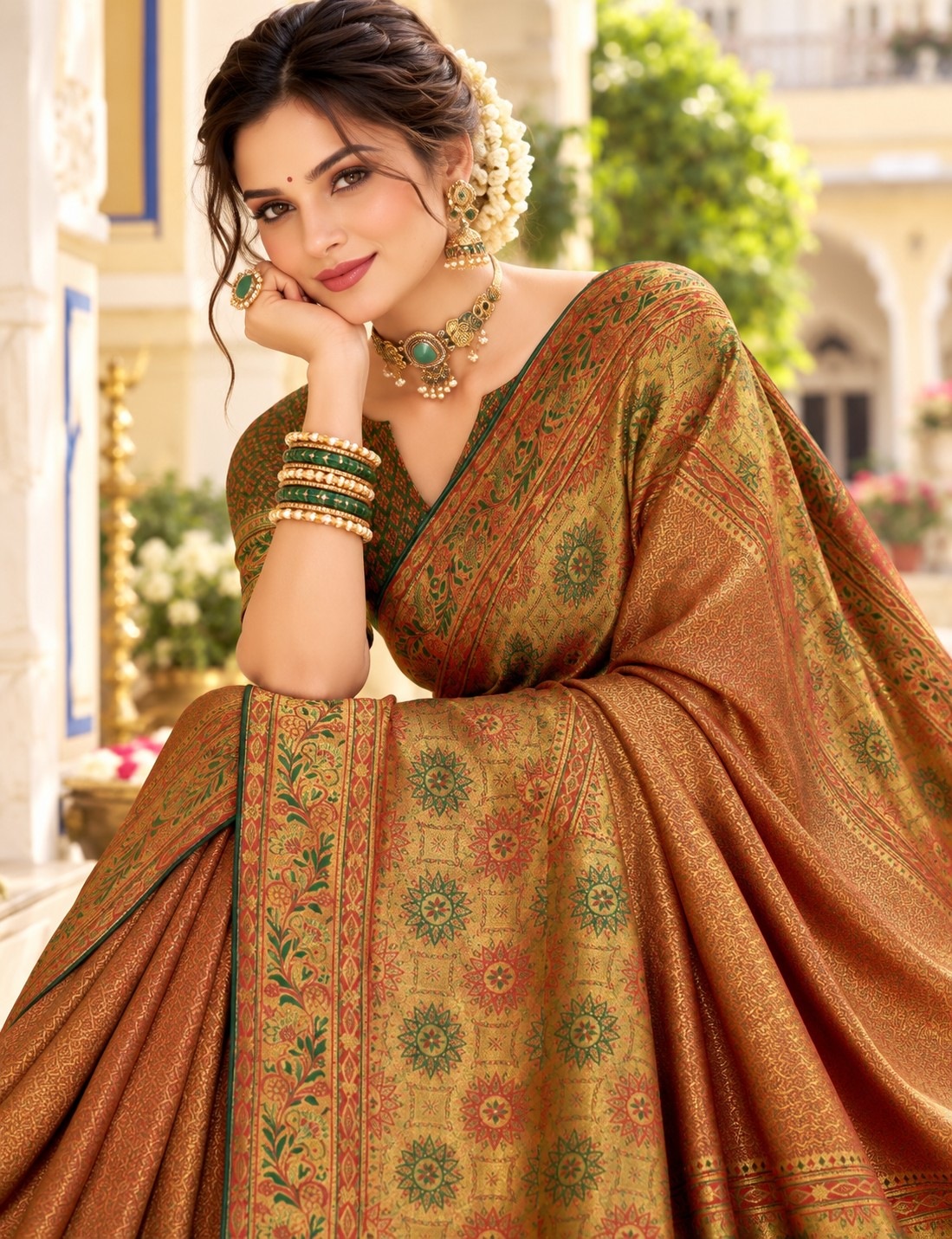 Brown Floral Woven Work Satin Tissue Saree