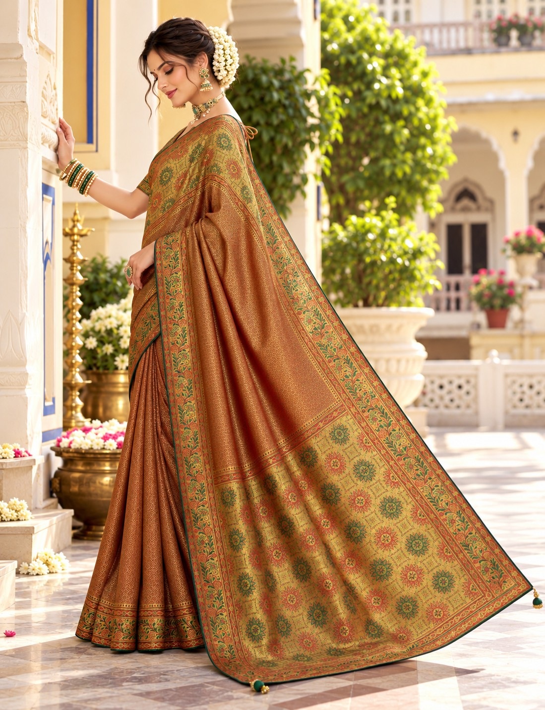 Brown Floral Woven Work Satin Tissue Saree