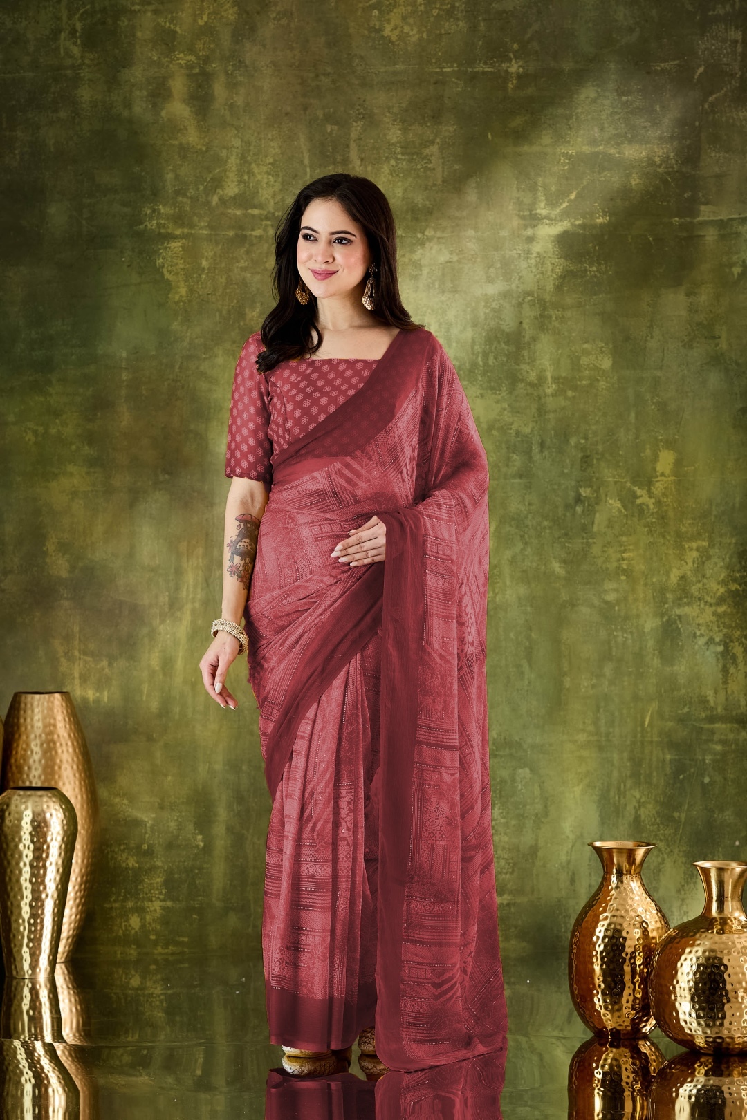 Brown Geometric Printed Chiffon Ready To Wear Saree