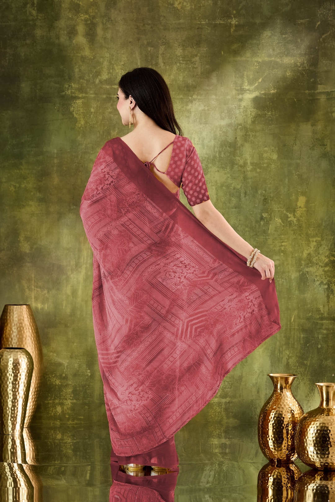 Brown Geometric Printed Chiffon Ready To Wear Saree — alternate view