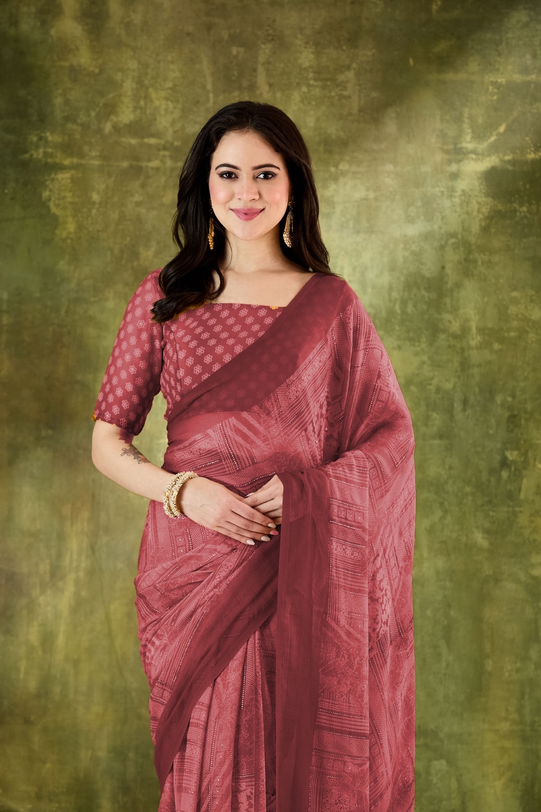 Brown Geometric Printed Chiffon Ready To Wear Saree
