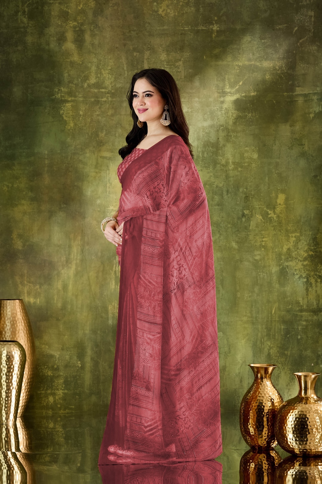 Brown Geometric Printed Chiffon Ready To Wear Saree
