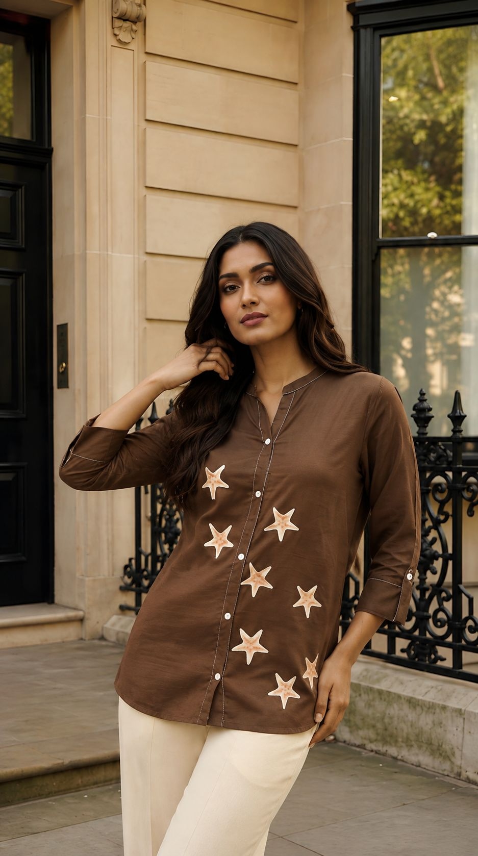 Brown Geometric Printed Cotton Slub Short Tunic Top