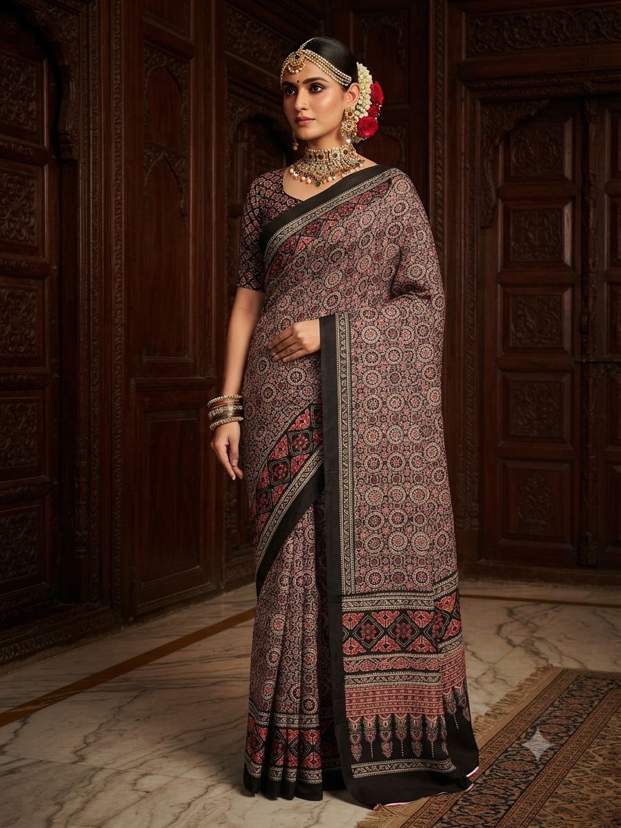 Brown Geometric Printed Crepe Silk Saree