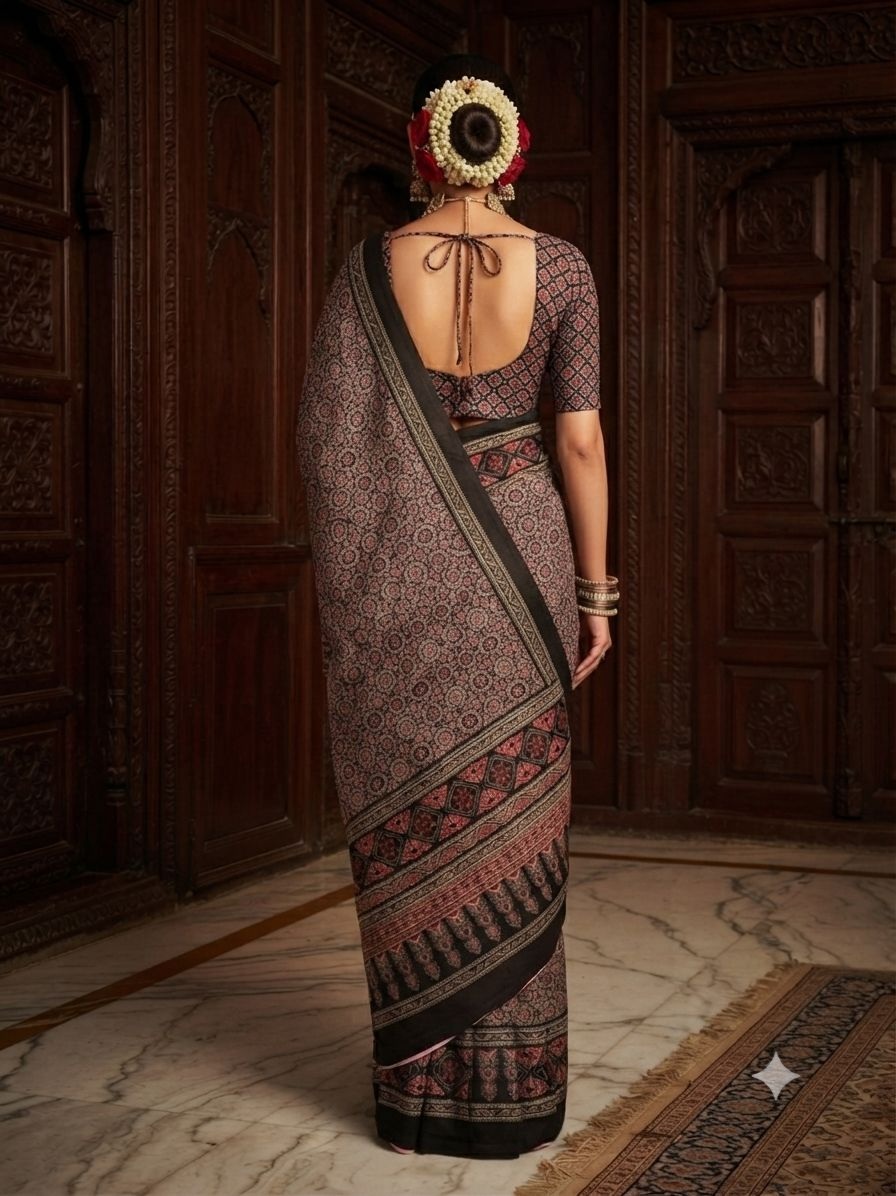 Brown Geometric Printed Crepe Silk Saree — alternate view