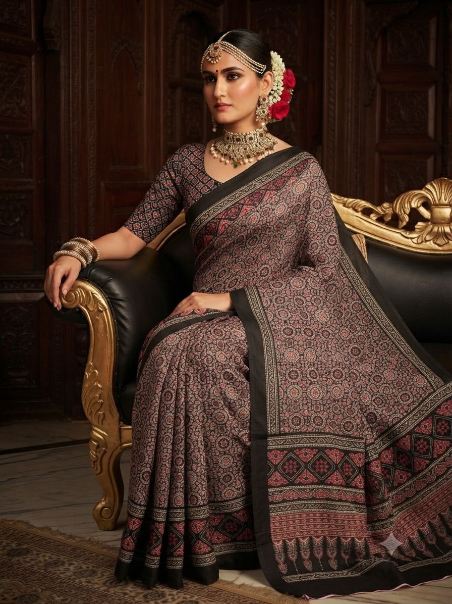 Brown Geometric Printed Crepe Silk Saree