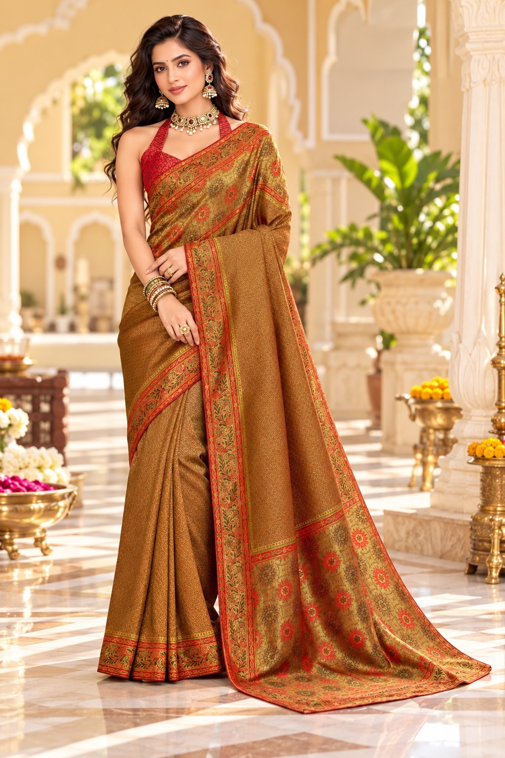 Brown Heritage Woven Work Satin Tissue Saree