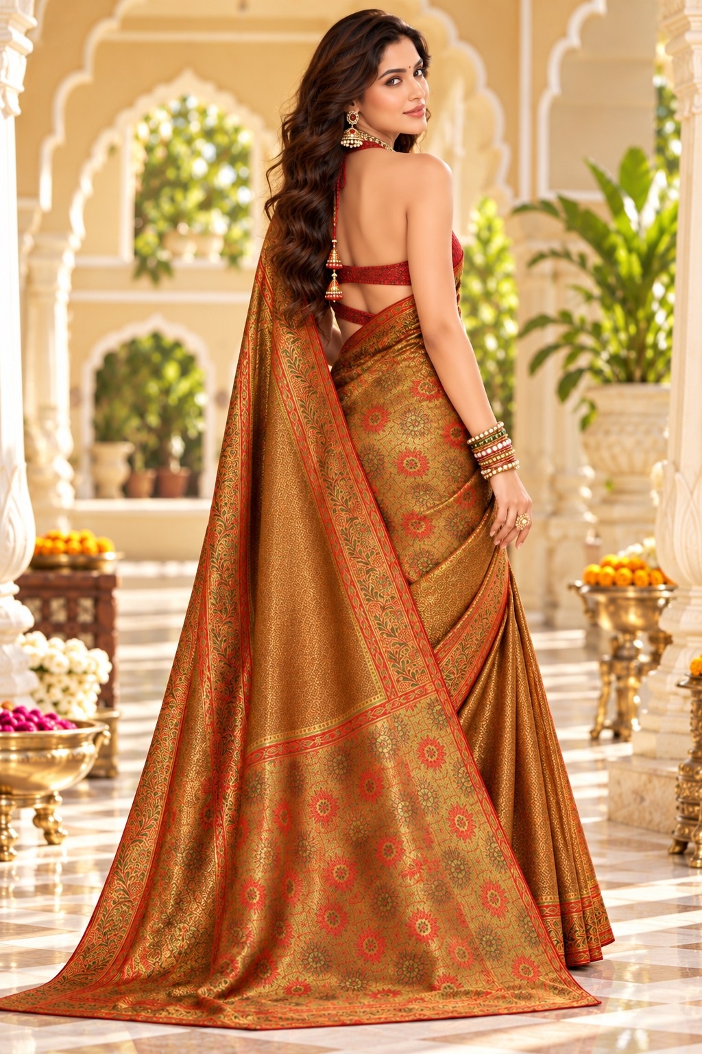 Brown Heritage Woven Work Satin Tissue Saree — alternate view