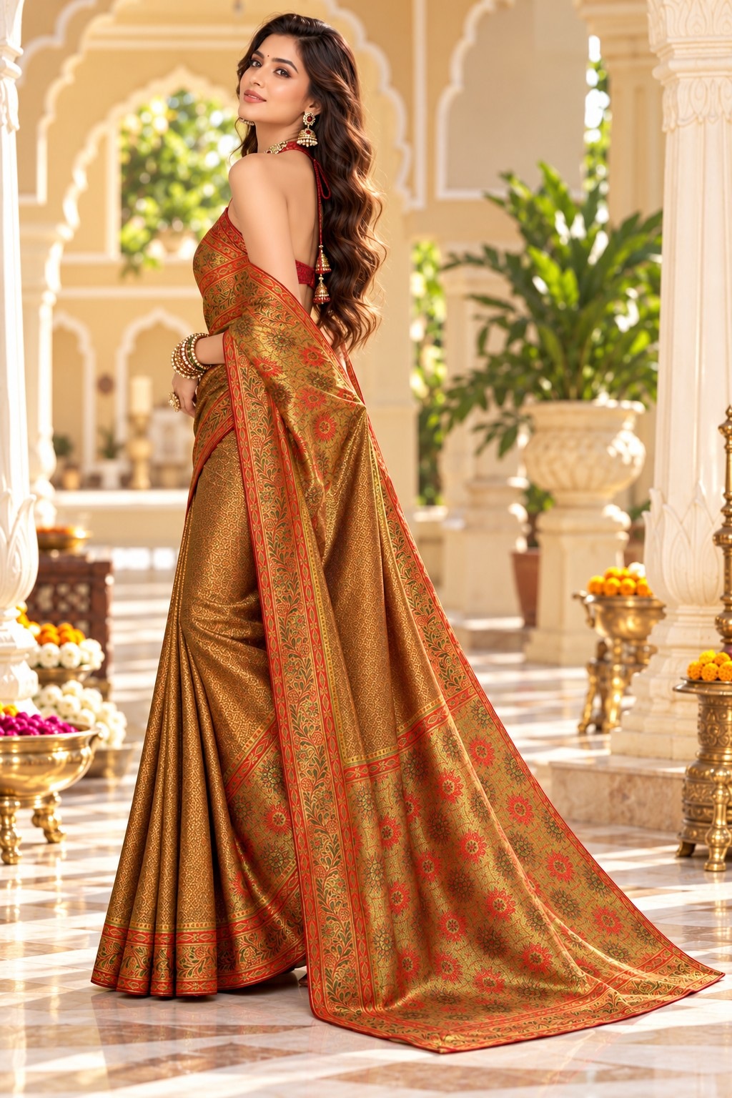 Brown Heritage Woven Work Satin Tissue Saree