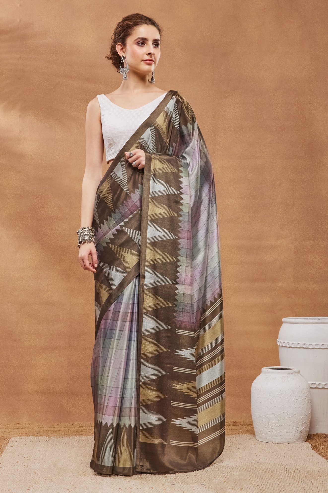 Brown Ikat Printed Satin Ready To Wear Saree