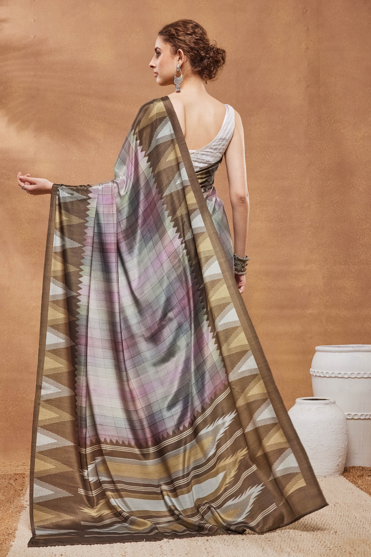 Brown Ikat Printed Satin Ready To Wear Saree — alternate view